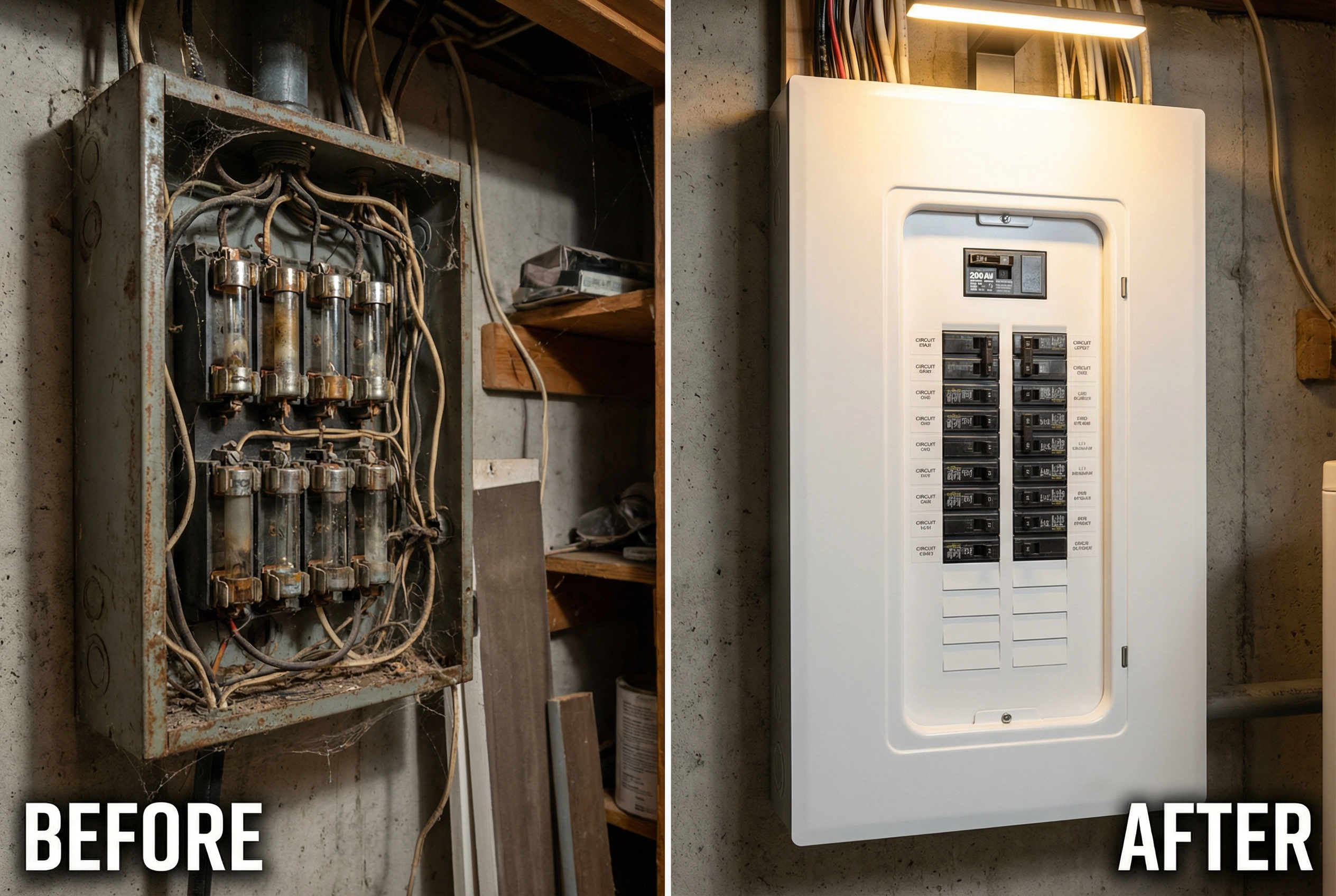 Electrical panel upgrade before and after by Starr Electric in Windham CT — old fuse box replaced with modern 200-amp breaker panel